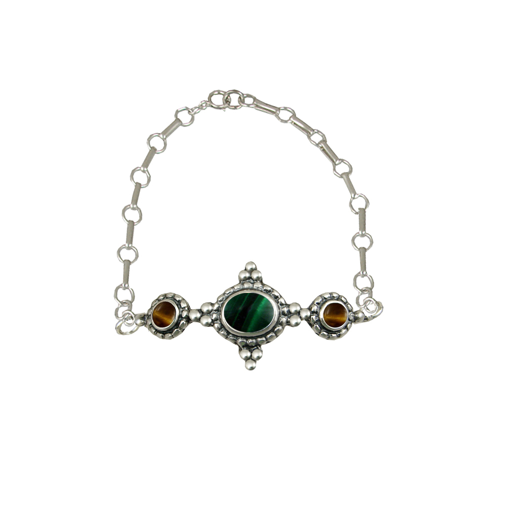 Sterling Silver Gemstone Adjustable Chain Bracelet With Malachite And Tiger Eye